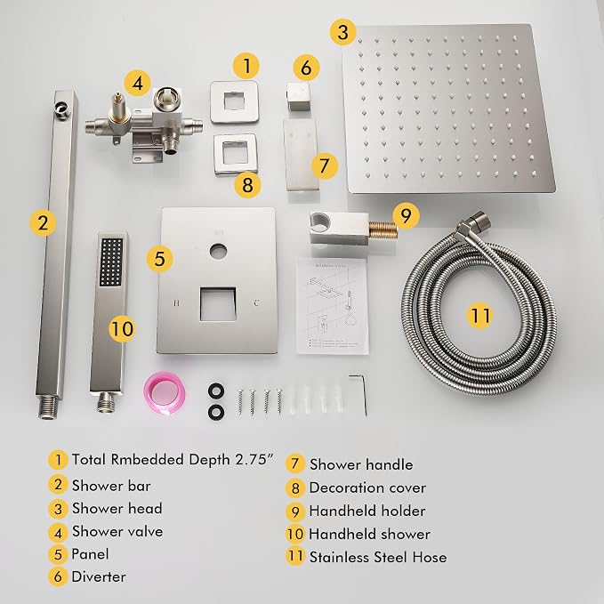 Fransiton Shower Faucet set with Shower head 10 Inches Rainfall Shower Head and Handle Set Single Handle Wall Mounted Shower System Set with Female Threads Valve Body(Brushed Nickel) - Image 6