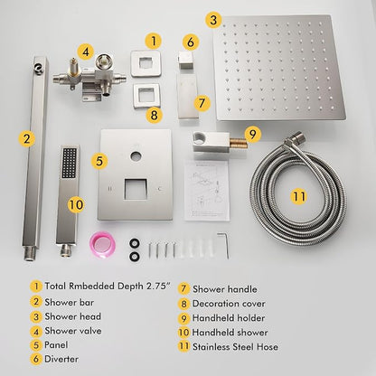 Fransiton Shower Faucet set with Shower head 10 Inches Rainfall Shower Head and Handle Set Single Handle Wall Mounted Shower System Set with Female Threads Valve Body(Brushed Nickel) - Image 6