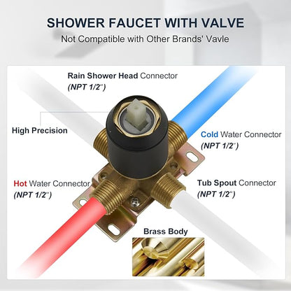 Tub Shower Faucet, Matte Black Shower Faucet Set with 8-Inch Square Rain Shower Head and Tub Spout, Brass Shower System Bathtub Shower Faucet Set Complete, Tub shower faucet set with valve - Image 5