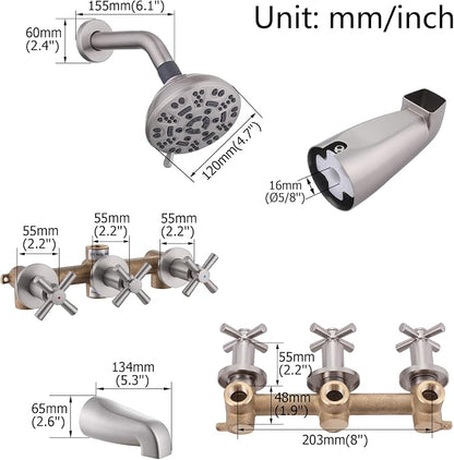 3 Handles Shower Faucet Set with Tub Spout Bathtub Shower Faucets Combo Set Shower System Complete Tub and Shower Trim Kit Shower Fixtures Brushed Nickel - Image 2