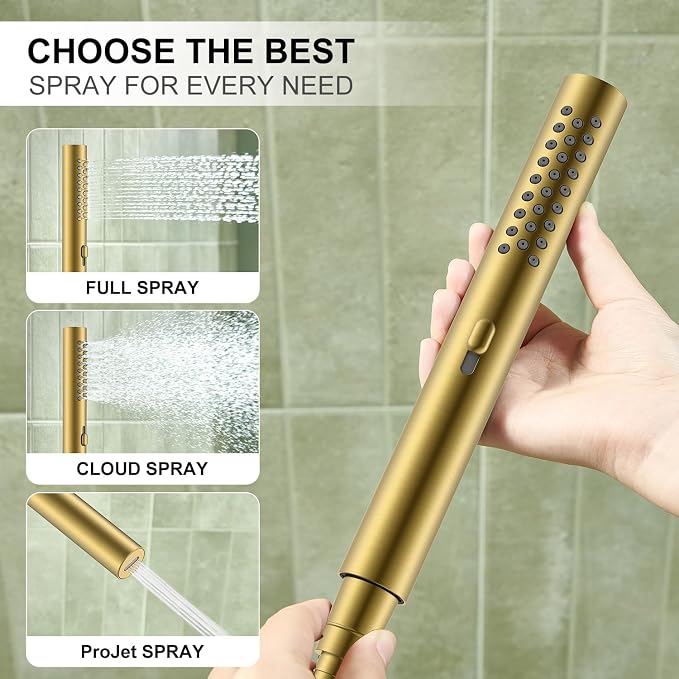 KENES Brushed Gold Rainfall Bathroom Shower System Rain Shower Head and Handle Set, Shower Faucet Set with 10-Inch Rain Showerhead and Handheld Spray, (Shower Valve Included), LJ-6026A-4 - Image 4