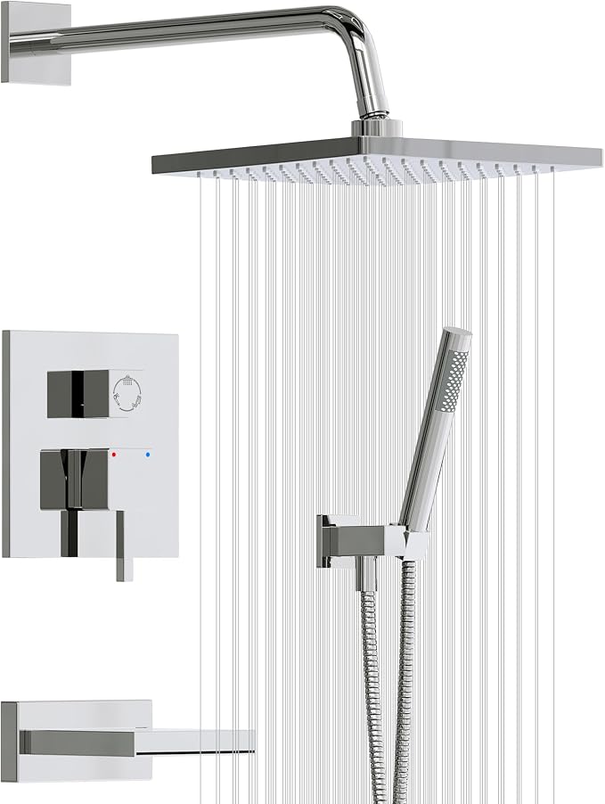Esnbia Bathtub Shower Faucet Set, Rain Shower System with Tub Spout, 10 Inches Shower Heads with Handheld Spray Combo, Wall Mounted Shower Fixtures with Shower Valve kit, Chrome by esnbia