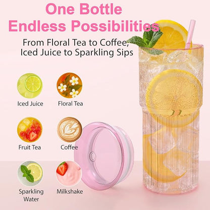 Luiaiog 20oz Glass Cups with Lids and Straws - Set of 4 Reusable Tumblers, Thickened Shatter-Resistant Glass, Ideal for Iced Coffee, Smoothies, Cocktails, Juices - Elegant & Durable Drinkware (Pink) - Image 3