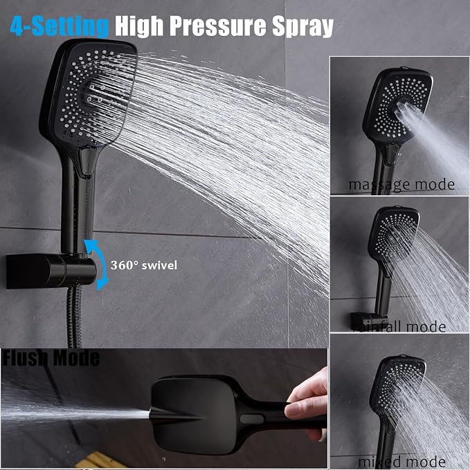 Shower Faucet Set with Tub Spout Matte Black 10 Inch Rainfall Shower with 4 Setting Spray Mixer Shower System Modern Luxury Wall Mounted Tub Shower Faucet Set Rough-in Valve Body (Matte Black) - Image 6