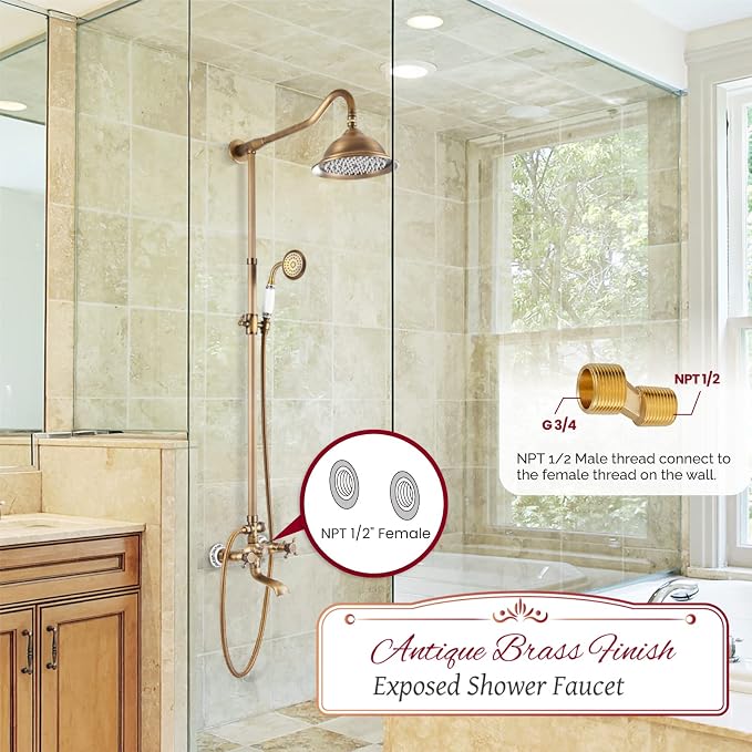 gotonovo Shower Fixture Faucet Set Complete Antique Brass Exposed Pipe Shower System 8 Rain Shower 2 Double Knobs Handle Triple Function Tub Spout Shower Combo Unit Set - Image 7