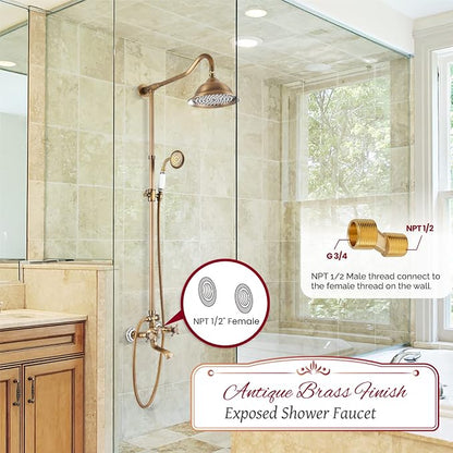 gotonovo Shower Fixture Faucet Set Complete Antique Brass Exposed Pipe Shower System 8 Rain Shower 2 Double Knobs Handle Triple Function Tub Spout Shower Combo Unit Set - Image 7