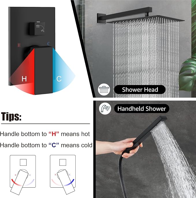 Midanya Shower Faucet Set,Wall Mount Shower System with Square Rain Shower Head and Hand Sprayer, Rough-in Valve Body and Trim Kit Included,16 Inch,Matte Black - Image 4