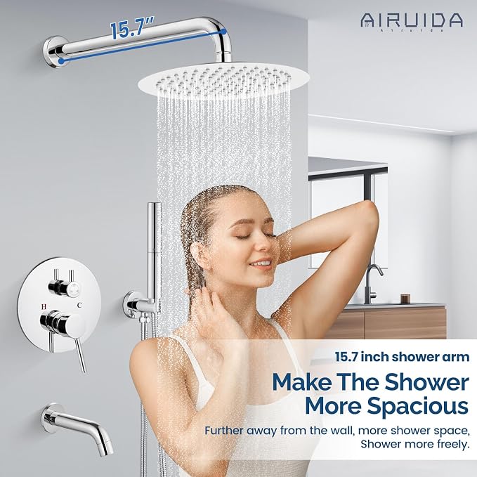 Airuida 3-Function Rain Shower System Set – Wall Mount Tub Shower Combo with Handheld Shower and Tub Spout,10 Inch Shower Head,Chrome Polish - Image 3