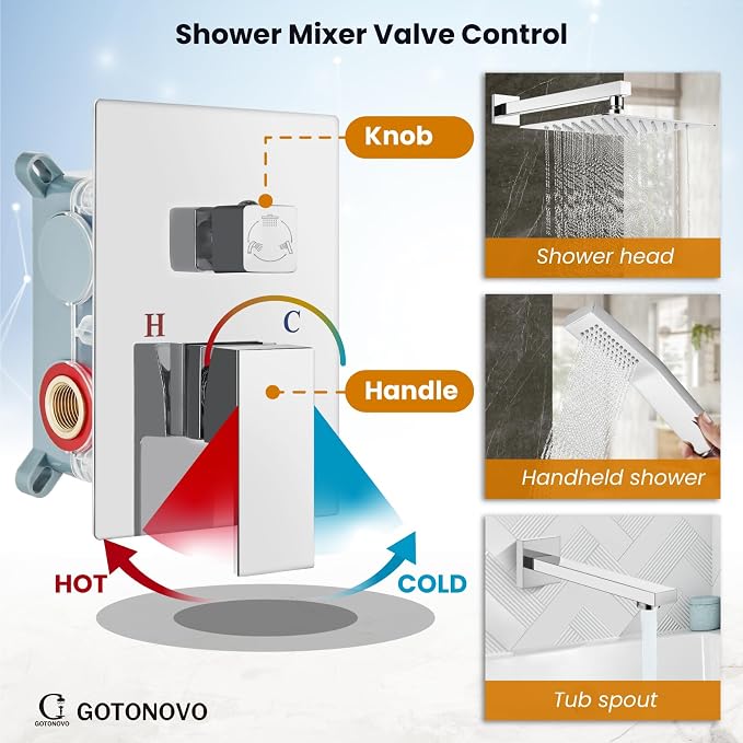 gotonovo Shower System with Tub Spout Wall Mounted Rain Shower Head and Handle Combo Shower Faucet Set with Valve, 12 Inch, Polish Chrome - Image 3