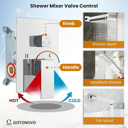 gotonovo Shower System with Tub Spout Wall Mounted Rain Shower Head and Handle Combo Shower Faucet Set with Valve, 12 Inch, Polish Chrome - Image 3