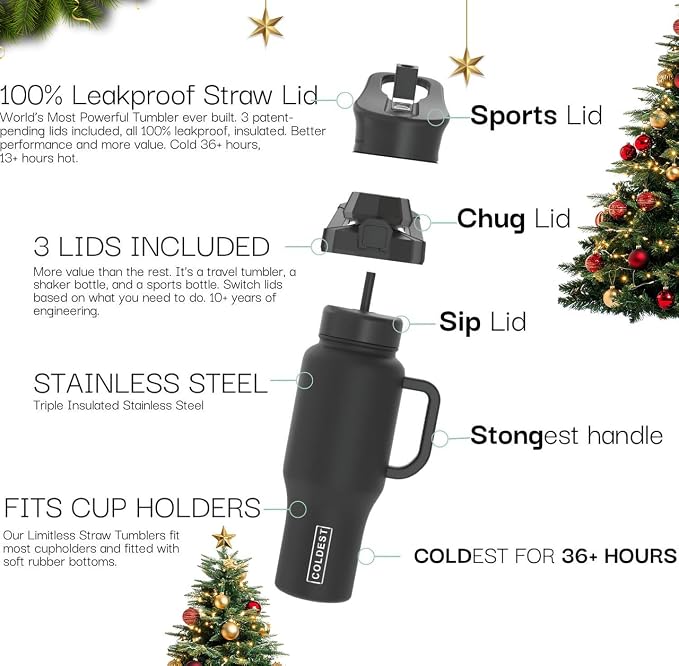 Coldest Tumbler with Handle and Straw, 100% Leak Proof Insulated Tumbler with Lid and Straw (3 Lids), Stainless Steel Tumblers for Women & Men, Cup Holder Friendly, 46 oz (Morrocan Vibes) - Image 2