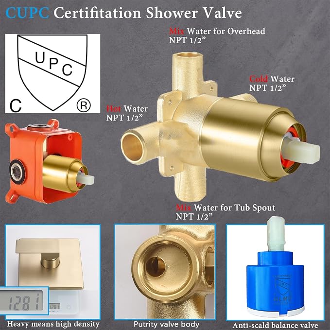 Shower Faucet Set with Tub Spout Brushed Gold 10 Inch Rainfall Shower 4 Setting Spray Mixer Shower System Modern Luxury Wall Mounted Tub Shower Faucet Set Rough-in Valve Body (Brushed Gold) - Image 3