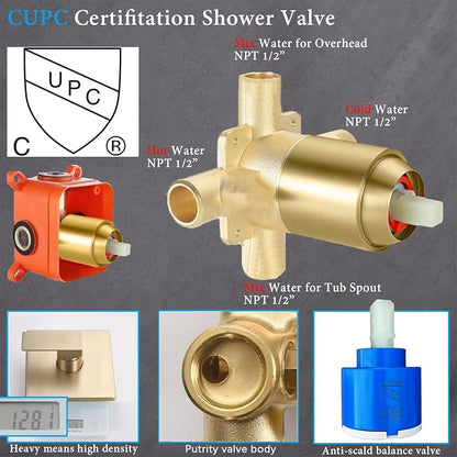 Shower Faucet Set with Tub Spout Brushed Gold 10 Inch Rainfall Shower 4 Setting Spray Mixer Shower System Modern Luxury Wall Mounted Tub Shower Faucet Set Rough-in Valve Body (Brushed Gold) - Image 3