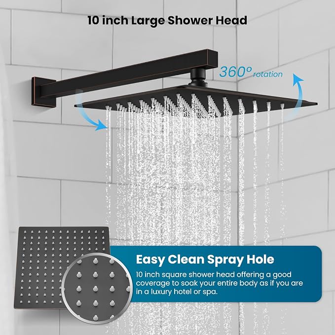 gotonovo 10'' Rain Shower Faucet System Rainfall Shower Head with Handheld Sprayer Waterfall Tub Spout Wall Mounted Mixer Combo Rough-in Valve and Trim Included 5.7 Inch Wide Spout Oil Rubbed Bronze - Image 7
