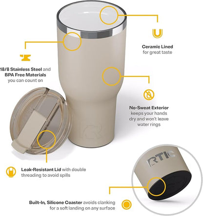 RTIC 40oz Essential Tumbler with Lid, Ceramic Lined, Insulated, Stainless Steel, Metal, Double Wall Vacuum-Insulation, Travel Cup for Iced Coffee, Tea, Hot and Cold Drink, Beach - Image 4