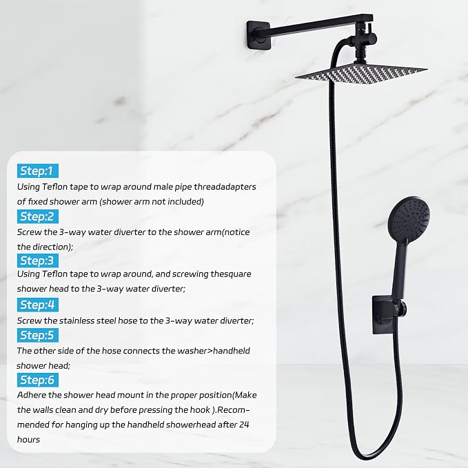 Shower Head 8'' High Pressure Rainfall, Handheld Shower Combo with 11'' Extension Arm, 5 Spray, Anti-leak Luxury Premium Quality, Rainfall Shower Head with Handheld Spray Combo, Matte Black - Image 6