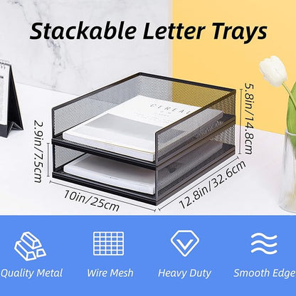 YOUEON 2 Pack Wire Mesh Letter Trays 12.8"x10"x2.9", Stackable Paper Tray - Image 2