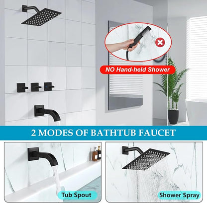 Midanya 3 Handle Tub Shower Faucet with Tub Spout,8-inch Rainfall Bathtub Rain Shower Faucet Set and Rough-in Valve Wall Mount Bathroom Trim Kit Shower System, Square Shower Head Matte Black - Image 4