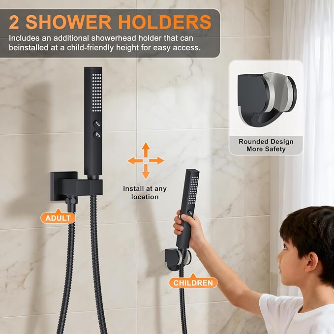 Shower System with Tub Spout, Ceiling Mounted Bathtub Shower Faucet Set, 12" Rainfall Shower Head and Handheld Shower Combo, High Pressure Shower Fixtures Set with Rough-in Valve, Matte Black - Image 5