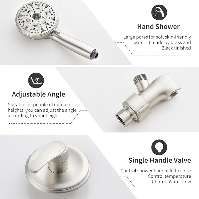 Single-Handle Shower Faucet Set Shower Kit with Valve Shower Trim Kit with 10 Spray Handheld Shower Head System Shower Valve and Trim Kit Brushed Nickel Shower Fixtures - Image 6