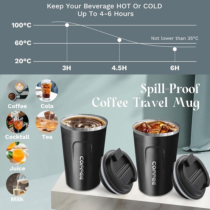 YINBAOGE Insulated Travel Coffee Mug, Spill & Leak Proof, Portable To Go Camping Stainless Steel Coffee Tumbler, Reusable Thermal Coffee Cup with Lid for Hot & Cold Drinks (2nd-Black, 17 OZ) - Image 2