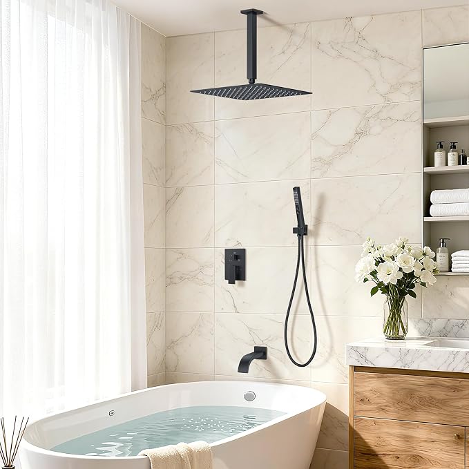 Shower System with Tub Spout, Ceiling Mounted Bathtub Shower Faucet Set, 12" Rainfall Shower Head and Handheld Shower Combo, High Pressure Shower Fixtures Set with Rough-in Valve, Matte Black - Image 8
