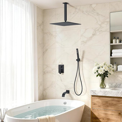 Shower System with Tub Spout, Ceiling Mounted Bathtub Shower Faucet Set, 12" Rainfall Shower Head and Handheld Shower Combo, High Pressure Shower Fixtures Set with Rough-in Valve, Matte Black - Image 8