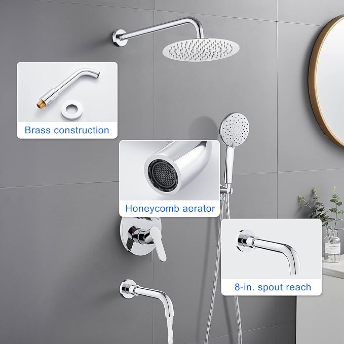 ROVOGO Bathtub Shower Faucet Set with Valve, Shower System with Tub Spout, 10-in. Rain Shower and Handheld, Round Shower Fixtures Wall Mount, Chrome - Image 7