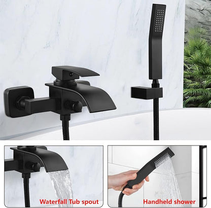 Midanya Wall Mount Bathtub Faucet with Handheld Spray Waterfall Tub Filler Single Handle Bathroom Tub Mixer Tap Hand-Shower System with Curved Spout Commercial,Matte Black - Image 5