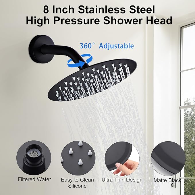 HUCKLE Tub Shower Faucet Set with Valve, 8-Inch Rainfall Shower Head and Bathtub Spout, Single-Handle Tub and Bathroom Trim Kit, Matte Black - Image 3
