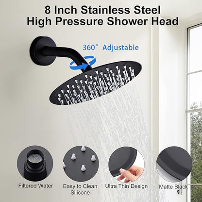 HUCKLE Tub Shower Faucet Set with Valve, 8-Inch Rainfall Shower Head and Bathtub Spout, Single-Handle Tub and Bathroom Trim Kit, Matte Black - Image 3