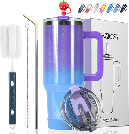 40 oz Shiny Tumbler with Handle and Straw,Stainless Steel Tumbler with Lid and Straw,Insulated Travel Mug(Cold for 34 Hours),Water Bottle for Iced Tea,Coffee (Purple) by Watersy