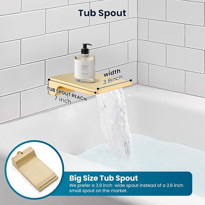 gotonovo Shower System with Tub Spout,Waterfall Tub Shower Faucet Set for Bathroom Head and Handle Set Wall Mounted 3 Function Rough-in Valve and Trim Included 12 inch Shower Head Brushed Gold - Image 5
