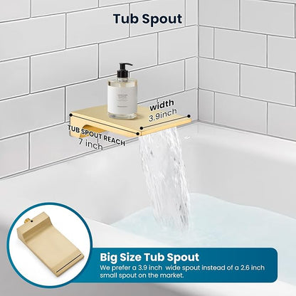 gotonovo Shower System with Tub Spout,Waterfall Tub Shower Faucet Set for Bathroom Head and Handle Set Wall Mounted 3 Function Rough-in Valve and Trim Included 12 inch Shower Head Brushed Gold - Image 5