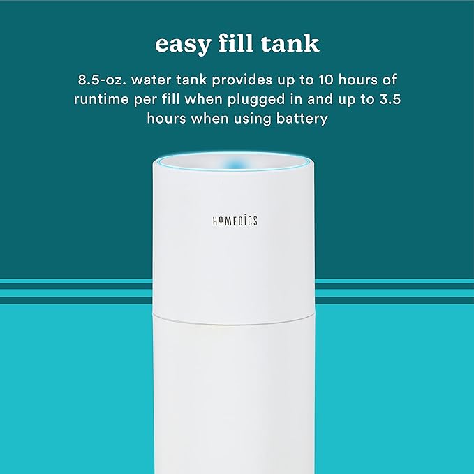 Homedics Portable Humidifier - Small Air Humidifiers for Bedroom, Plants, Office, Travel - Cool Mist Humidifiers, Color-Changing Accent Light, 2 Mist Settings, White - Image 3