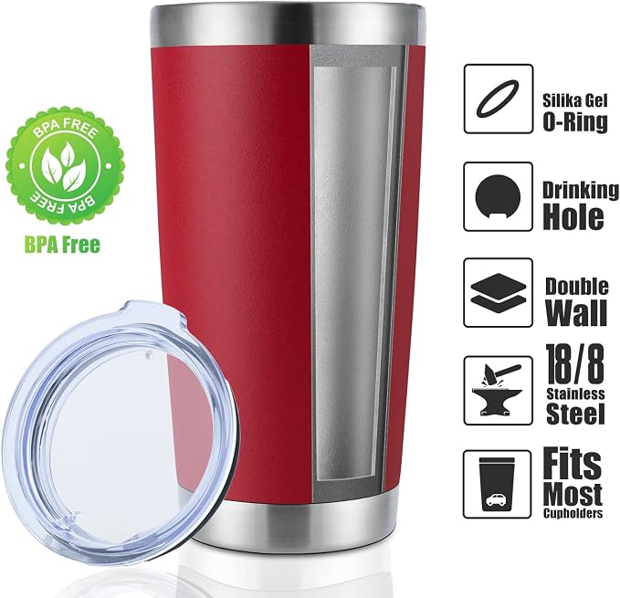 DOMICARE 20oz Stainless Steel Tumbler Bulk with Lid, Double Wall Vacuum Insulated Travel Mug, Powder Coated Coffee Cup, Powder Red, 4 Pack - Image 2