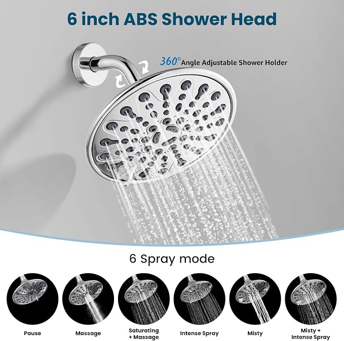 gotonovo 3 Handle Tub Shower Faucet Set, Tub and Shower Faucet Combo,Bathtub Faucet Set with 6 Settings Shower Head and Waterfall Tub Spout, Tub and Shower Trim Kit, Tub Shower Fixture Polished Chrome - Image 4