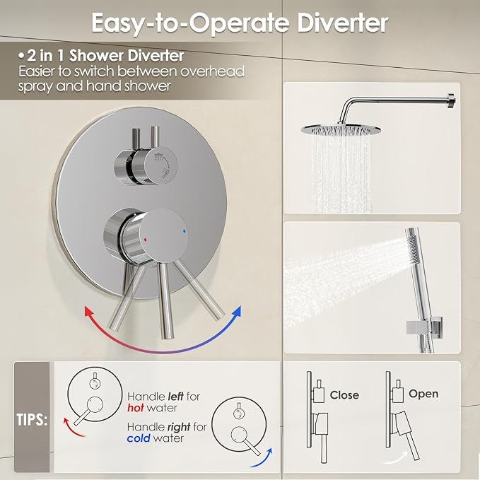 Gabrylly Shower System, Wall Mounted Shower Faucets Set with Shower Valve, High Pressure 10" Rain Shower head with Handheld Spray Combo, 2 Way Rainfall Shower Head Set, Chrome - Image 5