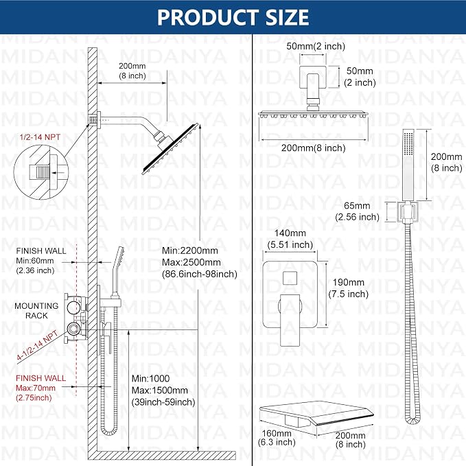 Midanya Shower System with Tub Spout,Bathtub Shower Faucet Set with Square Rainfall Head and Handheld Sprayer Wall Mount Tub Faucet Set with Valve and Trim Kit,8 Inch Brushed Nickel - Image 5