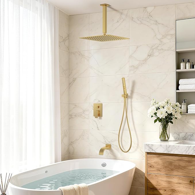 Brushed Gold Shower System with Tub Spout, Ceiling Mounted Bathtub Shower Faucet Set, 12" Rainfall Shower Head and Handheld Shower Combo, High Pressure Shower Fixtures Set with Rough-in Valve - Image 6
