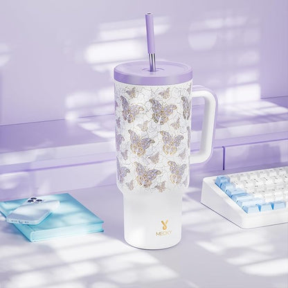 Meoky 40 oz Tumbler with Handle and Straw: Stainless Steel Insulated Tumbler with Lid and Straw - 100% Leak Proof Tumbler for Car Cup Holders - Travelers Commuters Workers, Gold Butterfly - Image 7