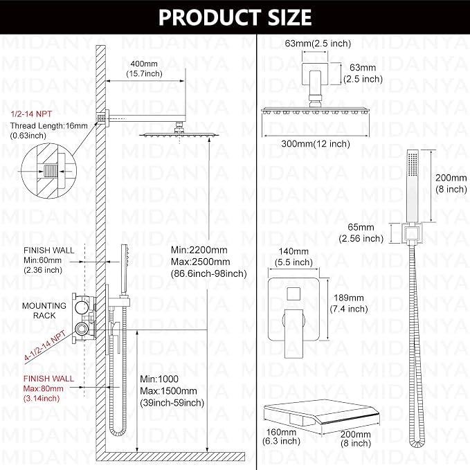 Midanya Shower System with Tub Spout,Bathtub Shower Faucet Set with Square Rainfall Head and Handheld Sprayer Wall Mount Tub Faucet Set with Valve and Trim Kit,12 Inch Brushed Gold - Image 5
