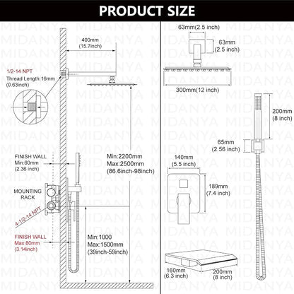 Midanya Shower System with Tub Spout,Bathtub Shower Faucet Set with Square Rainfall Head and Handheld Sprayer Wall Mount Tub Faucet Set with Valve and Trim Kit,12 Inch Brushed Gold - Image 5