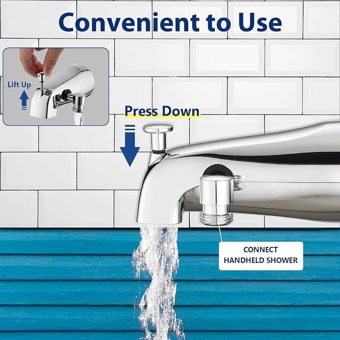 All Metal Bathtub Faucet with Sprayer 10 Settings, Fit for 1/2 inch or 3/4 inch Thread Pipe, 1/2 inch Slip on Pipe,Tub Spout with Diverter Chrome - Image 5