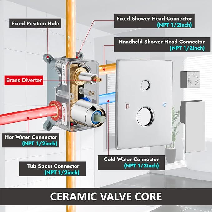 Midanya Rain Shower System Tub Shower Faucet Set Square Rainfall Waterfall Shower Head with Handheld Sprayer Tub Spout Combo Wall Mounted bathtub faucet set Rough-in Valve, 8 Inch Polish Chrome - Image 6