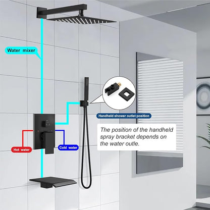 Midanya Rain Shower System with Tub Spout,Tub Shower Faucet Set with rainfall Shower Head and Handheld Spray,Wall Mount Tub Shower Combo Rough-in Valve Included,10 Inch Matte Black - Image 9