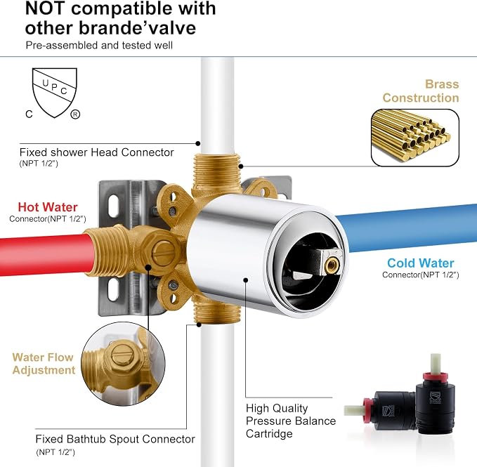KENES Chrome Tub and Shower Trim Kit, Square Tub Shower Faucet Set Complete with 6-Inch Rainfall Shower Head and Tub Spout, KE-6025A-5 (Shower Valve Included) - Image 7