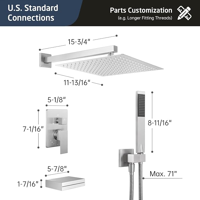 KES Shower Faucet Set, Rain Shower System, Bathtub Faucet, Tub and Shower Faucet Combo, 12 Inch Rain Shower Head System with Handheld and Waterfall Tub Spout, Polished Chrome, XB6305F18S12-CH - Image 7