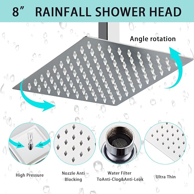 8 Inch Ceiling Mount Shower Faucet Set, Polish Chrome Rainfall Shower System, Square Rain Shower Head with Handheld Spray Combo Ceiling, Silver Rainfall Shower Faucet Fixtures (3-Setting) - Image 2