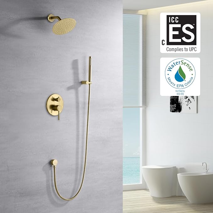 sumerain Brushed Gold Shower Faucet System with high pressure 8 Inches rain shower head and brass hand shower, Rough-In Valve Body and Trim Included - Image 2